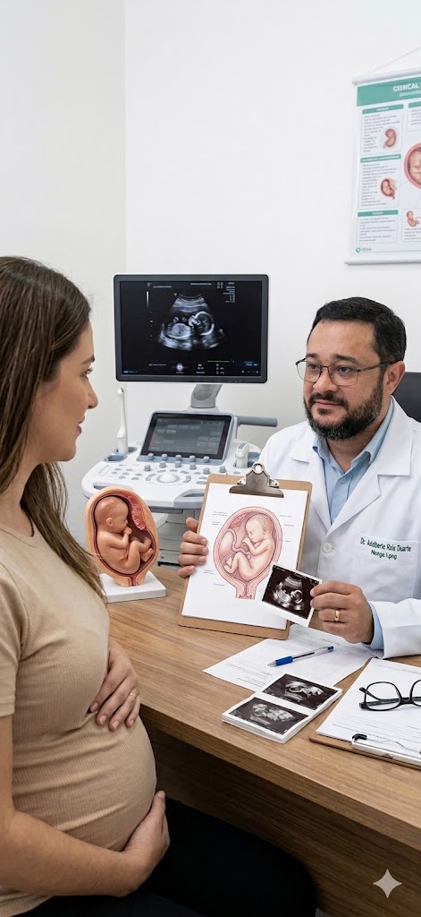 Esta imagem apresenta o Dr. Adalberto Reis Duarte, um médico ginecologista e obstetra, em uma consulta com uma paciente grávida.