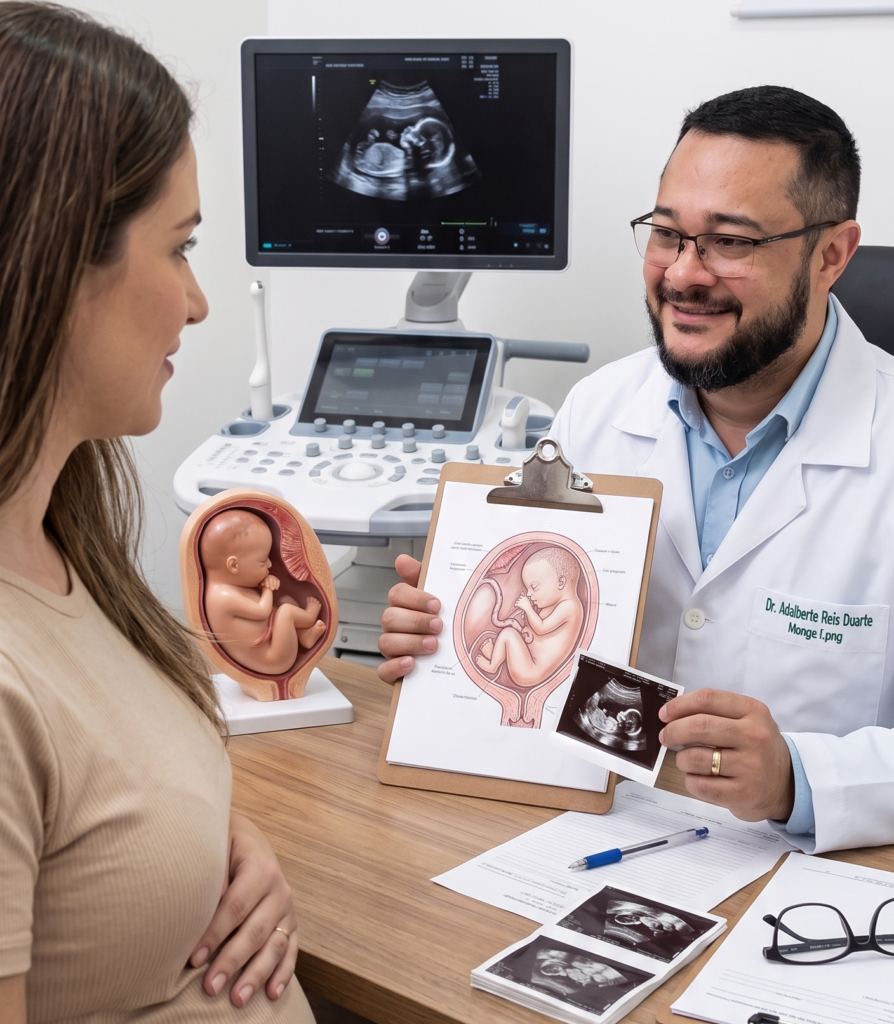 Um médico (Dr. Adalberto) está sentado à sua mesa de consultório, à direita da imagem, interagindo de forma atenciosa com uma paciente gestante, que está sentada à esquerda, de perfil. O Dr. Adalberto tem pele clara, barba e bigode escuros e bem aparados, e usa óculos de grau com armação escura. Ele veste um jaleco branco impecável com seu nome bordado no peito em verde. Ele sorri gentilmente enquanto segura uma prancheta com o desenho anatômico de um feto no útero e mostra uma pequena foto de ultrassom para a paciente. A paciente tem cabelos castanhos longos e veste uma blusa bege, com a mão repousada suavemente sobre sua barriga de gravidez visível. No ambiente do consultório, há um monitor de ultrassom ao fundo exibindo imagens de um exame, um modelo anatômico de um feto sobre a mesa, além de papéis, caneta e óculos de repouso. A iluminação é clara e profissional, transmitindo uma atmosfera de acolhimento e cuidado médico.