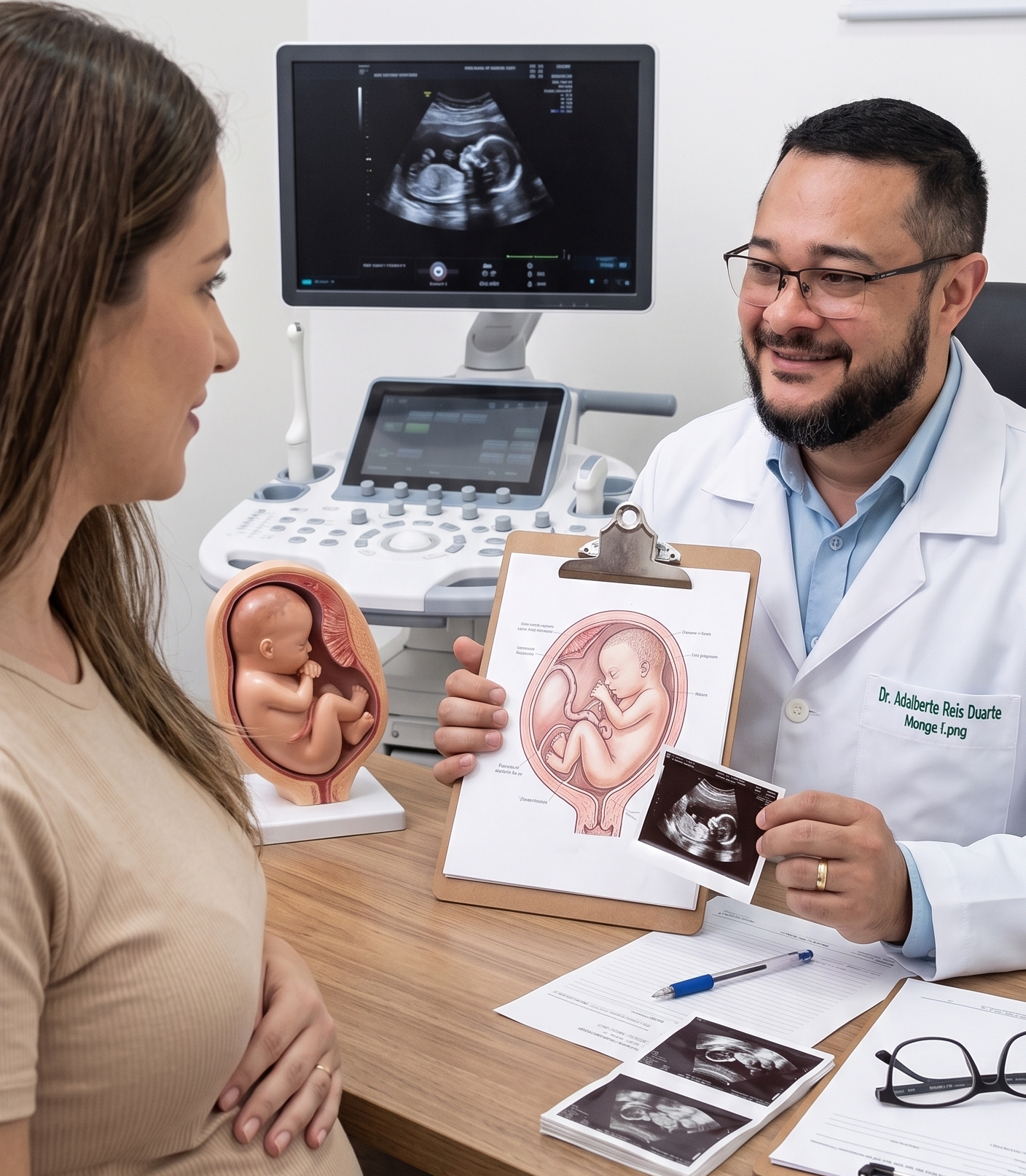 Um médico (Dr. Adalberto) está sentado à sua mesa de consultório, à direita da imagem, interagindo de forma atenciosa com uma paciente gestante, que está sentada à esquerda, de perfil. O Dr. Adalberto tem pele clara, barba e bigode escuros e bem aparados, e usa óculos de grau com armação escura. Ele veste um jaleco branco impecável com seu nome bordado no peito em verde. Ele sorri gentilmente enquanto segura uma prancheta com o desenho anatômico de um feto no útero e mostra uma pequena foto de ultrassom para a paciente. A paciente tem cabelos castanhos longos e veste uma blusa bege, com a mão repousada suavemente sobre sua barriga de gravidez visível. No ambiente do consultório, há um monitor de ultrassom ao fundo exibindo imagens de um exame, um modelo anatômico de um feto sobre a mesa, além de papéis, caneta e óculos de repouso. A iluminação é clara e profissional, transmitindo uma atmosfera de acolhimento e cuidado médico.
