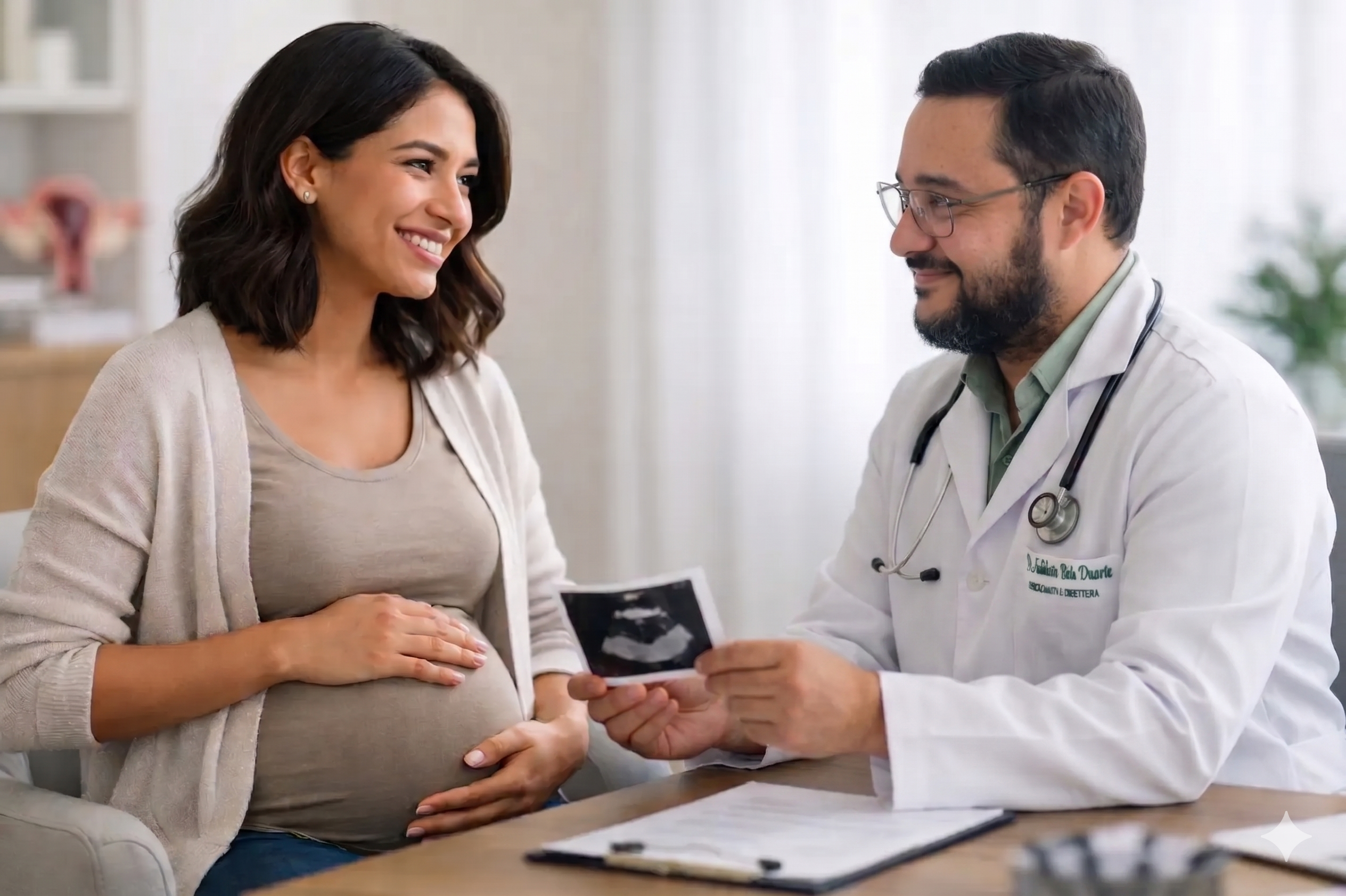Fotografia de um consultório médico onde um médico (Dr. Adalberto) e uma paciente grávida estão sentados à mesa. À esquerda, a mulher grávida, de cabelos escuros e ondulados, sorri olhando para o médico enquanto segura suavemente sua barriga proeminente. À direita, o médico, com barba e óculos, retribui o sorriso e segura um exame de ultrassonografia para que ela veja. Sobre a mesa de madeira, há uma prancheta com papéis. O ambiente é acolhedor e bem iluminado.