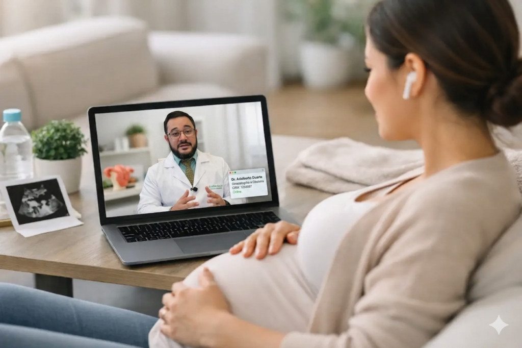 Fotografia de uma consulta médica online (telemedicina). Em primeiro plano, à direita e de costas para a câmera, uma mulher grávida está sentada em um sofá, segurando sua barriga com carinho. Ela observa a tela de um notebook posicionado sobre uma mesa de centro de madeira. Na tela do computador, aparece o médico Dr. Adalberto Duarte, um homem de barba e óculos, vestindo jaleco branco e camisa social verde com gravata, gesticulando com as mãos de forma explicativa. No canto da tela, há uma pequena janela flutuante com seu nome e informações profissionais. Ao lado do notebook, na mesa, vê-se uma garrafa de água, um pequeno vaso de planta e uma foto de ultrassonografia. O ambiente da sala é iluminado, moderno e transmite tranquilidade.