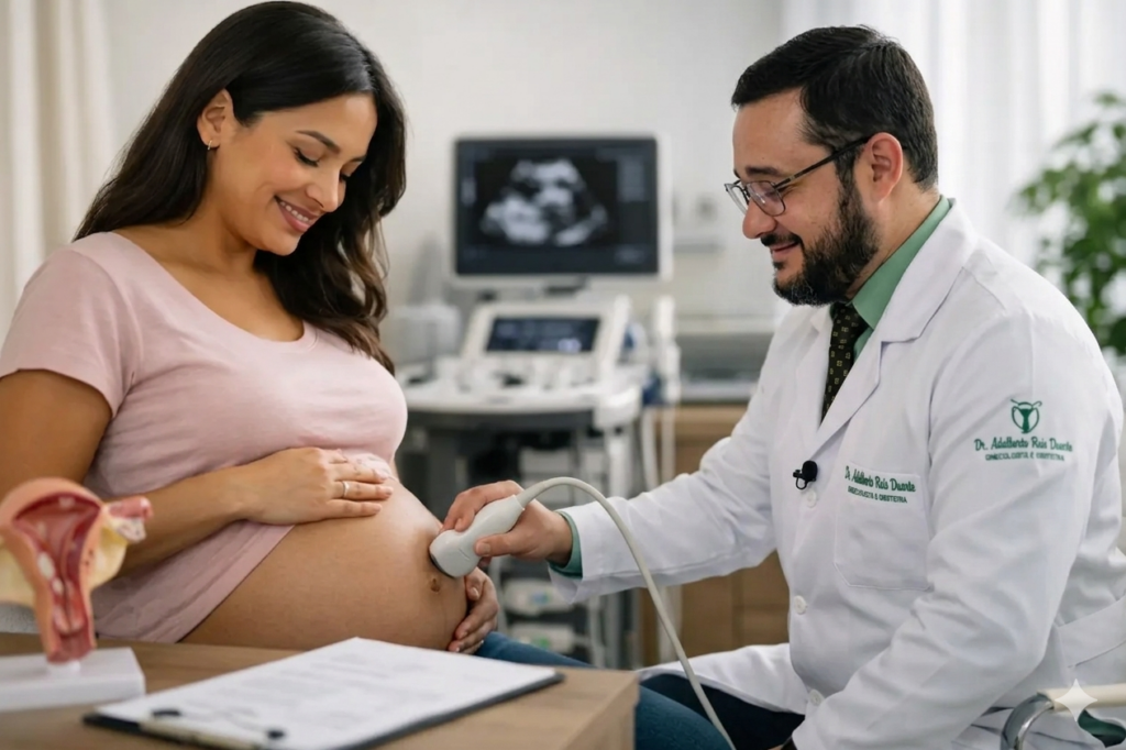 Fotografia de um exame de ultrassonografia em consultório médico. À esquerda, uma mulher grávida de cabelos escuros sorri enquanto olha para sua barriga. À direita, o médico Dr. Adalberto Duarte, de barba e óculos, veste um jaleco branco e utiliza um transdutor de ultrassom sobre o abdômen da paciente. Ao fundo, um monitor exibe a imagem do exame e, em cima da mesa em primeiro plano, há uma prancheta com papéis e um modelo anatômico do sistema reprodutor feminino. A cena transmite um momento de cuidado profissional e tranquilidade.