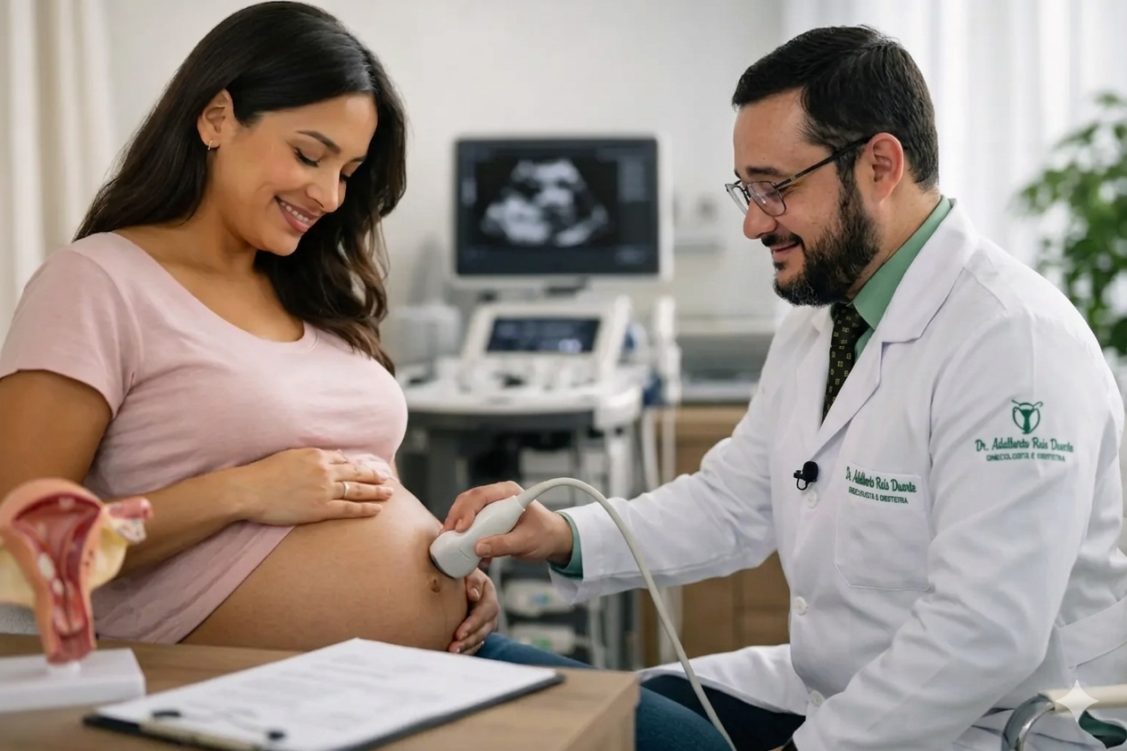 Fotografia de um exame de ultrassonografia em consultório médico. À esquerda, uma mulher grávida de cabelos escuros sorri enquanto olha para sua barriga. À direita, o médico Dr. Adalberto Duarte, de barba e óculos, veste um jaleco branco e utiliza um transdutor de ultrassom sobre o abdômen da paciente. Ao fundo, um monitor exibe a imagem do exame e, em cima da mesa em primeiro plano, há uma prancheta com papéis e um modelo anatômico do sistema reprodutor feminino. A cena transmite um momento de cuidado profissional e tranquilidade.