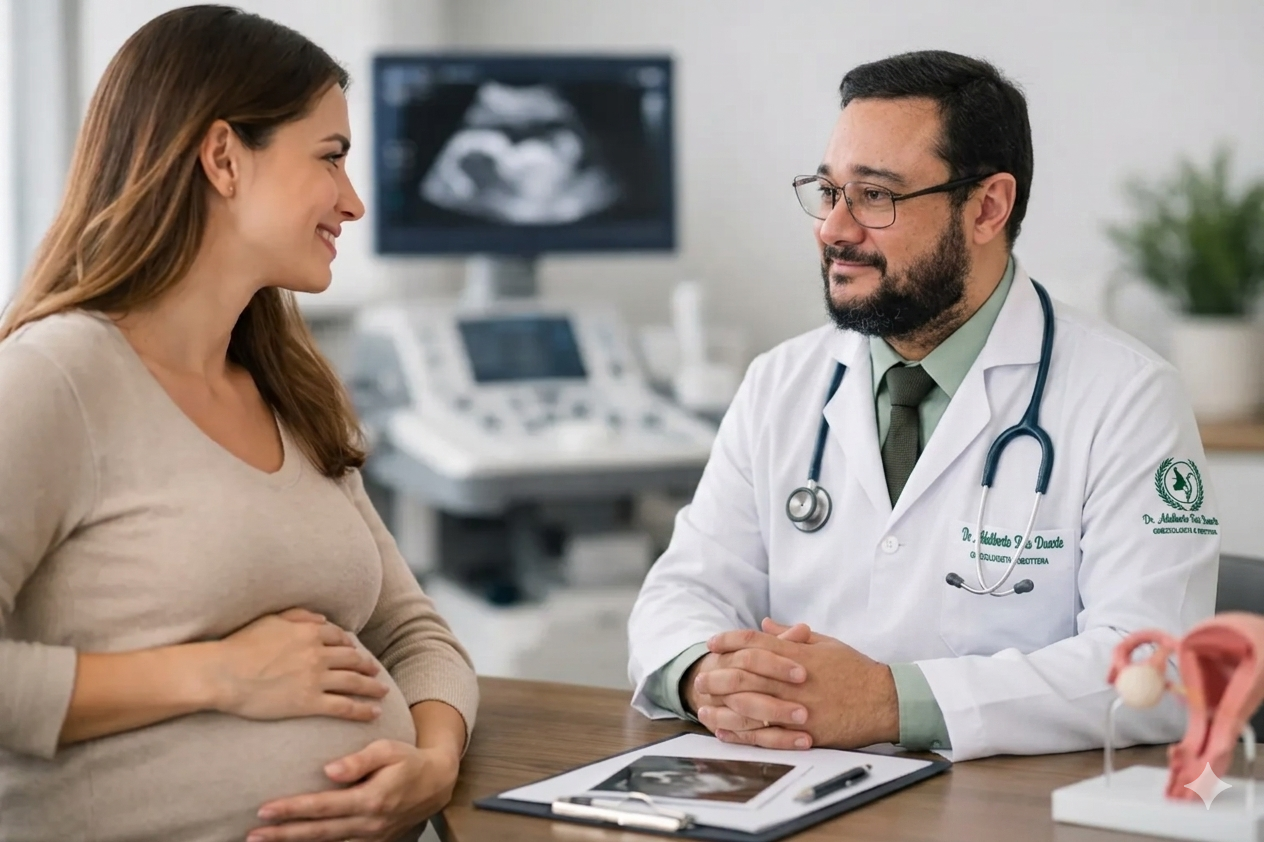 A imagem é uma fotografia tirada em um consultório médico de ginecologia e obstetrícia, focada em um médico e uma paciente grávida sentados em frente a uma mesa de madeira. À esquerda, está a paciente grávida, uma mulher jovem com cabelos castanhos ondulados e vestindo uma blusa bege. Ela está sentada de perfil, sorrindo e olhando para o médico. Suas mãos estão suavemente sobre sua barriga proeminente. À direita, está o médico, um homem com barba e óculos, vestindo um jaleco branco e uma gravata verde-escura. Ele também está sorrindo e olhando para a paciente com as mãos entrelaçadas em cima da mesa. O jaleco tem o logotipo do Dr. Adalberto Reis Duarte bordado no bolso. Entre eles, em cima da mesa, há uma prancheta com papéis, uma caneta e uma foto de ultrassom. No canto direito da mesa, há um modelo anatômico do útero. Ao fundo, desfocado, há um monitor com uma imagem de ultrassom e equipamentos médicos.