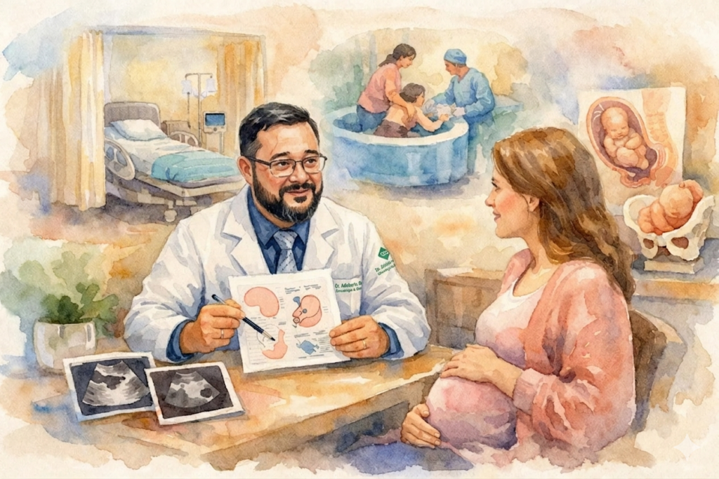 Uma pintura em aquarela, rica em cores suaves e transições fluidas, descreve uma cena complexa e emocional de uma consulta obstétrica. No centro, o médico Dr. Adalberto Duarte, um homem de pele clara com barba e óculos de armação fina (idêntico ao médico de referência), está sentado, vestindo um jaleco branco impecável com sua identificação bordada e uma gravata azul. Ele está sorrindo calorosamente e olhando para uma mulher grávida sentada à sua frente. Com a mão direita, o médico usa uma caneta para apontar para um diagrama anatômico detalhado que ele segura, mostrando a localização e o desenvolvimento do feto no útero. A paciente grávida, de pele morena e cabelos castanhos claros, usa uma blusa rosa claro e tem uma das mãos suavemente apoiada na barriga, enquanto olha para o médico com atenção e carinho. ​A cena se expande para o fundo com três bolhas de pensamento que flutuam acima da consulta, ilustrando diferentes momentos e opções de parto. À esquerda, uma bolha mostra um quarto de hospital moderno com uma cama de parto e equipamentos médicos. No centro, outra bolha retrata um parto na água, com duas profissionais de saúde auxiliando uma mulher que está agachada em uma piscina de parto. À direita, a terceira bolha exibe diagramas anatômicos detalhados do útero e da pelve, mostrando o processo de parto em diferentes estágios. A mesa em frente ao médico e à paciente apresenta cópias impressas de ultrassons e frascos de remédios desfocados. A iluminação é suave e uniforme, criando uma atmosfera de calma e cuidado. A proporção da imagem é 16:9.