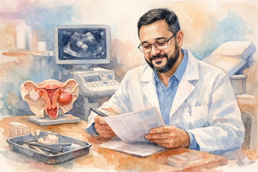 Uma ilustração em aquarela de um ginecologista sorridente (Dr Adalberto Reis Duarte), com barba e óculos, sentado à mesa e lendo documentos. No fundo, há um aparelho de ultrassom e um modelo anatômico do útero. Em primeiro plano, uma bandeja médica com instrumentos ginecológicos. A obra é renderizada com pinceladas de aquarela em tons de azul, verde, rosa e amarelo.