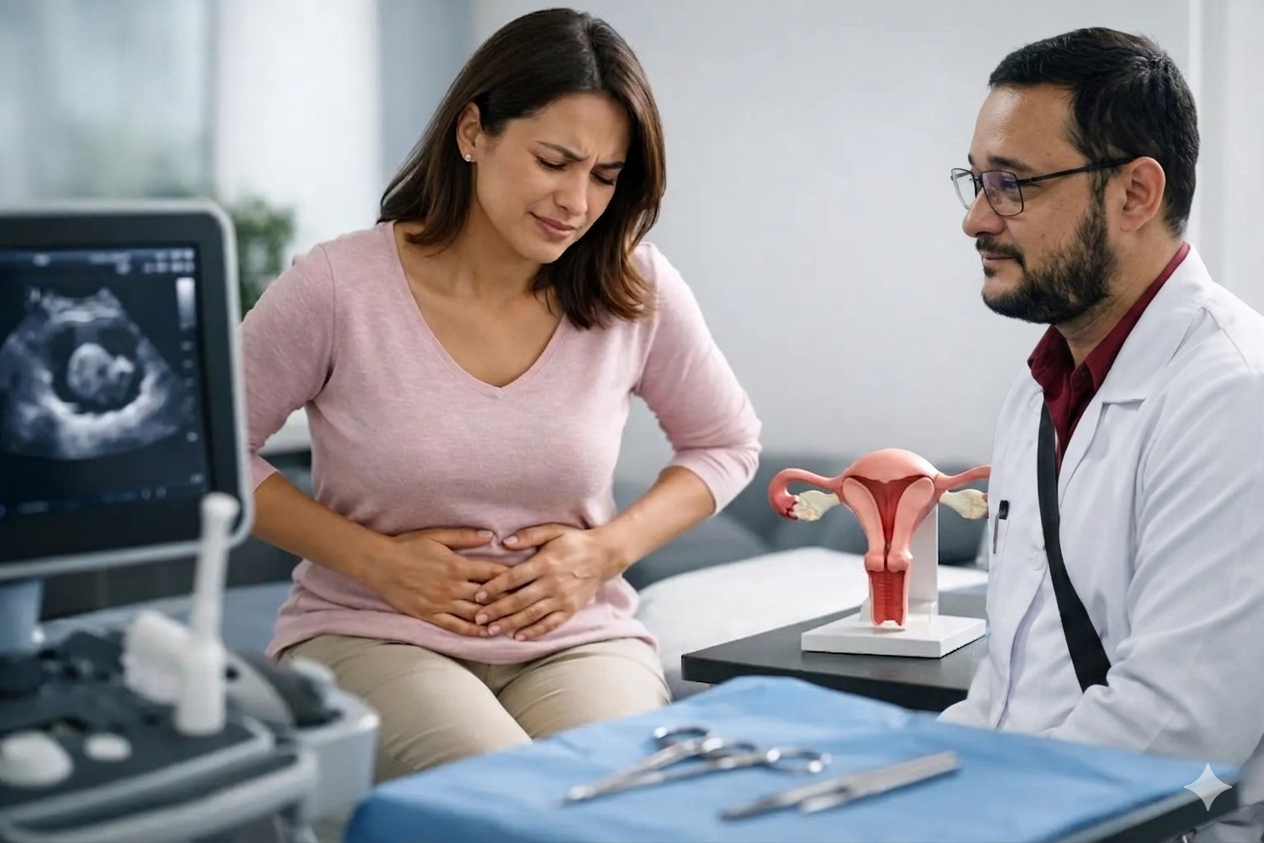 Fotografia em plano médio de uma consulta médica em um consultório moderno. À esquerda, uma paciente jovem, de cabelos castanhos e blusa rosa, está sentada com uma expressão de dor, por mioma, pressionando as mãos contra o abdômen. À direita, um médico de barba aparada, óculos e jaleco branco observa a paciente com atenção. Entre eles, sobre uma mesa, há um modelo anatômico do sistema reprodutor feminino. Em primeiro plano, à esquerda, vê-se parte de um monitor de ultrassom exibindo uma imagem de exame e, ao centro, instrumentos cirúrgicos sobre um campo azul. A iluminação é clara e o ambiente sugere um contexto profissional de ginecologia ou obstetrícia.