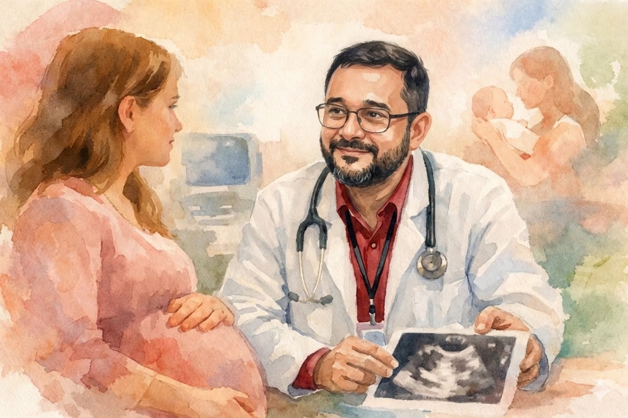 Acompanhamento obstétrico com continuidade assistencial. Uma aquarela vibrante em tons pastéis retrata um médico experiente, de barba escura e óculos, o Dr Adalberto Reis Duarte, vestindo um jaleco branco e estetoscópio, conversando calorosamente com uma paciente grávida em um vestido rosa. O médico segura um papel com uma imagem de ultrassom nítida e sorri enquanto olha para ela. A paciente está sentada na frente dele, com a mão suavemente apoiada na barriga arredondada, olhando para o médico com uma expressão de atenção e confiança. Ao fundo, em meio a pinceladas suaves e transparentes de cores complementares, um monitor de ultrassom e, mais ao fundo, a silhueta borrada de uma mãe segurando um bebê, reforçando o tema da maternidade e do cuidado médico. A luz natural banha a cena, dando um brilho suave e terno a todos os elementos.