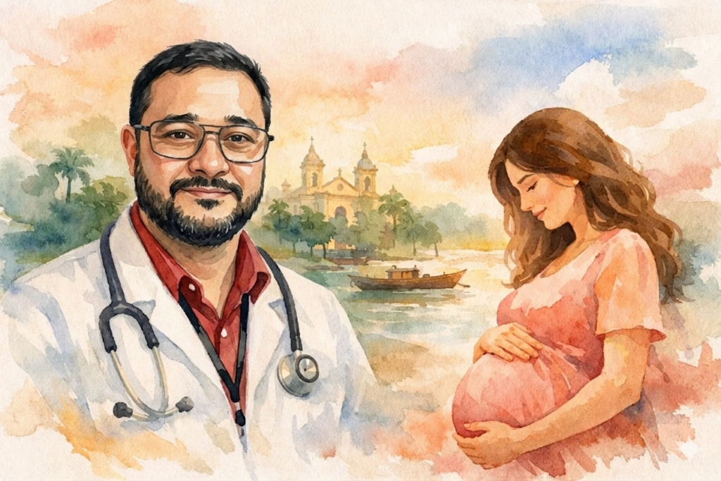 Uma aquarela vibrante em tons pastéis retrata um médico experiente, de barba escura e óculos, Dr Adalberto Reis Duarte, vestindo um jaleco branco e estetoscópio, conversando calorosamente com uma paciente grávida em um vestido rosa. O médico segura um papel com uma imagem de ultrassom nítida e sorri enquanto olha para ela. A paciente está sentada na frente dele, com a mão suavemente apoiada na barriga arredondada, olhando para o médico com uma expressão de atenção e confiança. Ao fundo, em meio a pinceladas suaves e transparentes de cores complementares, um monitor de ultrassom e, mais ao fundo, a silhueta borrada de uma mãe segurando um bebê, reforçando o tema da maternidade e do cuidado médico. A luz natural banha a cena, dando um brilho suave e terno a todos os elementos.