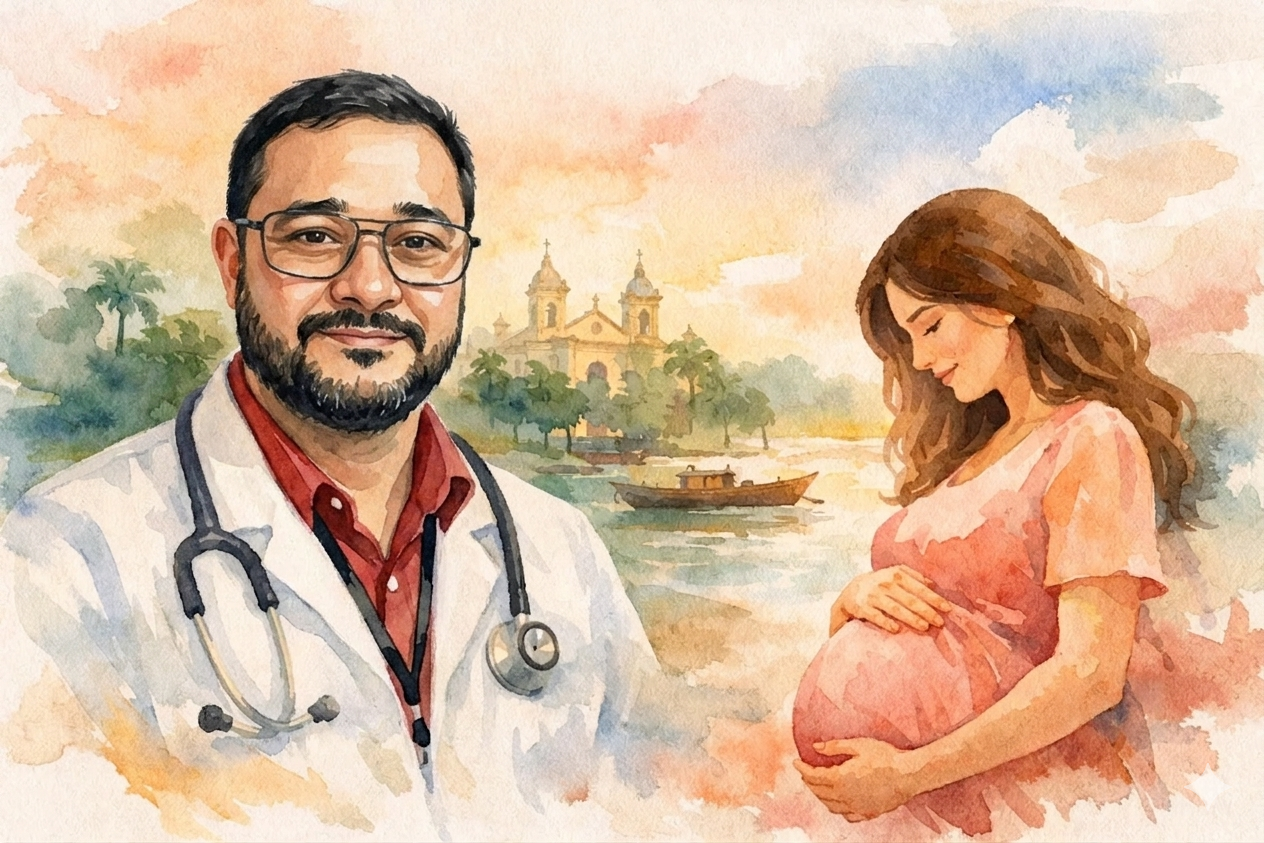 Uma aquarela vibrante em tons pastéis retrata um médico experiente, de barba escura e óculos, Dr Adalberto Reis Duarte, vestindo um jaleco branco e estetoscópio, conversando calorosamente com uma paciente grávida em um vestido rosa. O médico segura um papel com uma imagem de ultrassom nítida e sorri enquanto olha para ela. A paciente está sentada na frente dele, com a mão suavemente apoiada na barriga arredondada, olhando para o médico com uma expressão de atenção e confiança. Ao fundo, em meio a pinceladas suaves e transparentes de cores complementares, um monitor de ultrassom e, mais ao fundo, a silhueta borrada de uma mãe segurando um bebê, reforçando o tema da maternidade e do cuidado médico. A luz natural banha a cena, dando um brilho suave e terno a todos os elementos.
