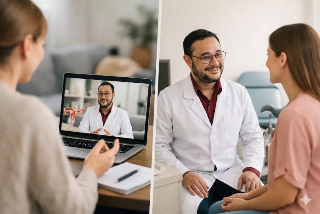 Uma imagem dividida em duas partes mostra, à esquerda, uma paciente de costas, sentada a uma mesa de madeira, com as mãos visíveis, participando de uma videochamada em um notebook aberto. Na tela do notebook, um médico ginecologista de óculos e jaleco branco é visto em seu consultório (Dr Adalberto Reis Duarte). No centro da tela, ao lado do médico, há um modelo anatômico do sistema reprodutor feminino. Há um caderno aberto e uma caneta sobre a mesa. A parte direita da imagem mostra a mesma paciente, agora de perfil, sentada em uma clínica médica real, sorrindo e conversando com o mesmo médico ginecologista de óculos e jaleco branco, que também sorri e olha para ela. No fundo da clínica, há uma cadeira de exame ginecológico visível. Ambas as partes da imagem são bem iluminadas e em foco - Consulta online ou presencial ginecologia?