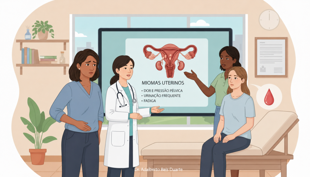 Ilustração em estilo vetorial de um consultório ginecológico. Ao centro, uma médica de jaleco branco explica, diante de uma tela grande, o tema “Miomas Uterinos”, com desenho anatômico do útero e lista de sintomas: dor e pressão pélvica, urinação frequente e fadiga. À esquerda, uma mulher com expressão preocupada segura a região abdominal. À direita, duas mulheres acompanham a explicação, uma em pé apontando para a tela e outra sentada na maca, com expressão atenta. O ambiente tem tons claros, janela ao fundo, plantas, prateleiras, relógio, quadro na parede e um ícone de gota de sangue, transmitindo uma cena educativa e acolhedora sobre saúde feminina.