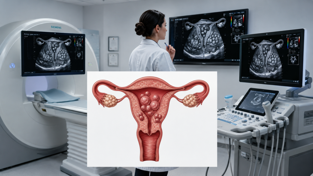Imagem realista de uma sala moderna de exames de imagem. Ao centro, uma médica de jaleco branco observa atentamente monitores com imagens em tons de cinza do útero, sugerindo avaliação diagnóstica de miomas uterinos. À esquerda, há um equipamento de imagem de grande porte; à direita, um aparelho de ultrassom com tela, botões, sondas e cabos. Em primeiro plano, aparece uma ilustração anatômica do útero com múltiplos miomas, destacando visualmente o tema da página. A cena transmite um ambiente médico tecnológico, limpo e educativo, relacionado ao diagnóstico e à decisão de tratamento dos miomas uterinos.