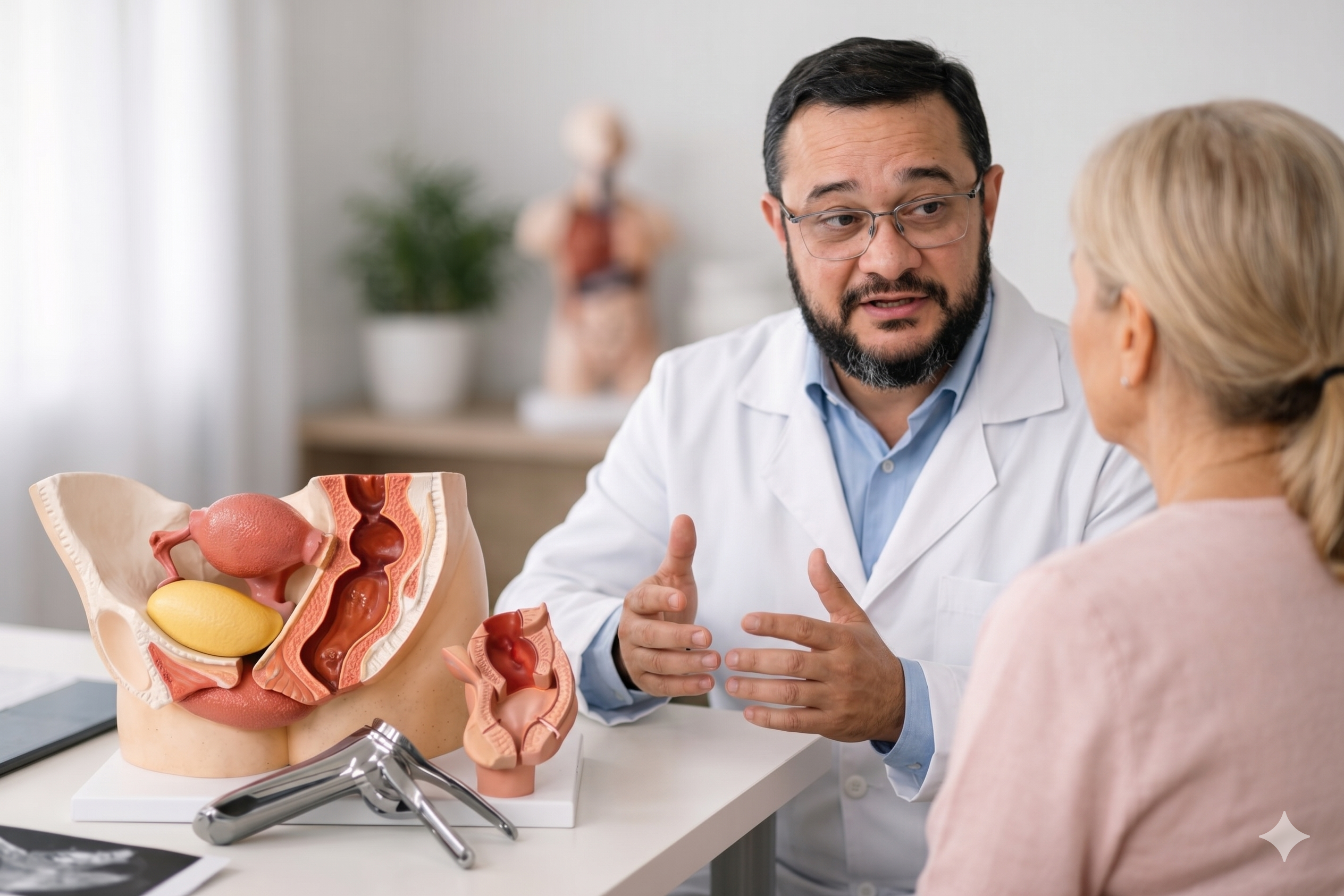 Cistocele e retocele tratamento: o que fazer - Uma fotografia de close-up no consultório de um ginecologista. O Dr. Adalberto Reis Duarte, um homem com barba e óculos, vestindo um jaleco branco, senta-se do lado esquerdo da mesa. Ele está falando com gestos de mãos explicativos. Sobre a mesa, há um grande modelo anatômico do útero e ovários, que está apoiado em uma base branca. Um espéculo de metal está na frente do modelo. Do lado direito da imagem, uma paciente loira está sentada, de costas para a câmera, ouvindo o médico. No fundo, há um modelo anatômico menor do útero e ovários e um torso humano anatômico, ambos em uma prateleira. A iluminação é suave e natural.