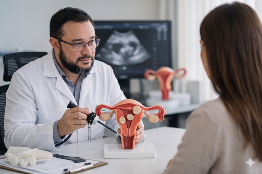 Uma fotografia de médio plano mostra o médico referência (Dr. Adalberto Reis Duarte) com barba e óculos em um consultório ginecológico, sentado à mesa. Ele está vestindo um jaleco branco por cima de uma camisa cinza. Ele segura um endoscópio preto e o insere na vagina de um modelo anatômico do útero e ovários, que está apoiado em uma base branca. À esquerda, há um par de luvas cirúrgicas e um prontuário médico. No fundo, há um monitor de computador exibindo uma imagem de ultrassom e, mais ao fundo, outro modelo anatômico menor. Uma paciente com cabelo castanho comprido está sentada à direita, de costas para a câmera, ouvindo o médico. A iluminação é suave e natural.