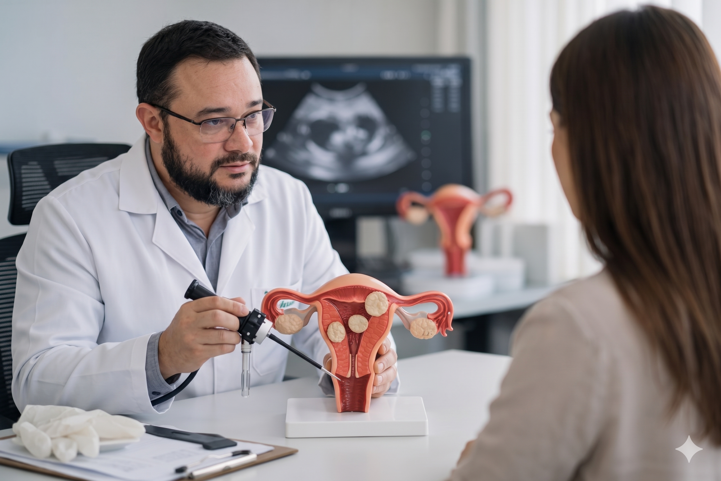 Uma fotografia de médio plano mostra o médico referência (Dr. Adalberto Reis Duarte) com barba e óculos em um consultório ginecológico, sentado à mesa. Ele está vestindo um jaleco branco por cima de uma camisa cinza. Ele segura um endoscópio preto e o insere na vagina de um modelo anatômico do útero e ovários, que está apoiado em uma base branca. À esquerda, há um par de luvas cirúrgicas e um prontuário médico. No fundo, há um monitor de computador exibindo uma imagem de ultrassom e, mais ao fundo, outro modelo anatômico menor. Uma paciente com cabelo castanho comprido está sentada à direita, de costas para a câmera, ouvindo o médico. A iluminação é suave e natural.
