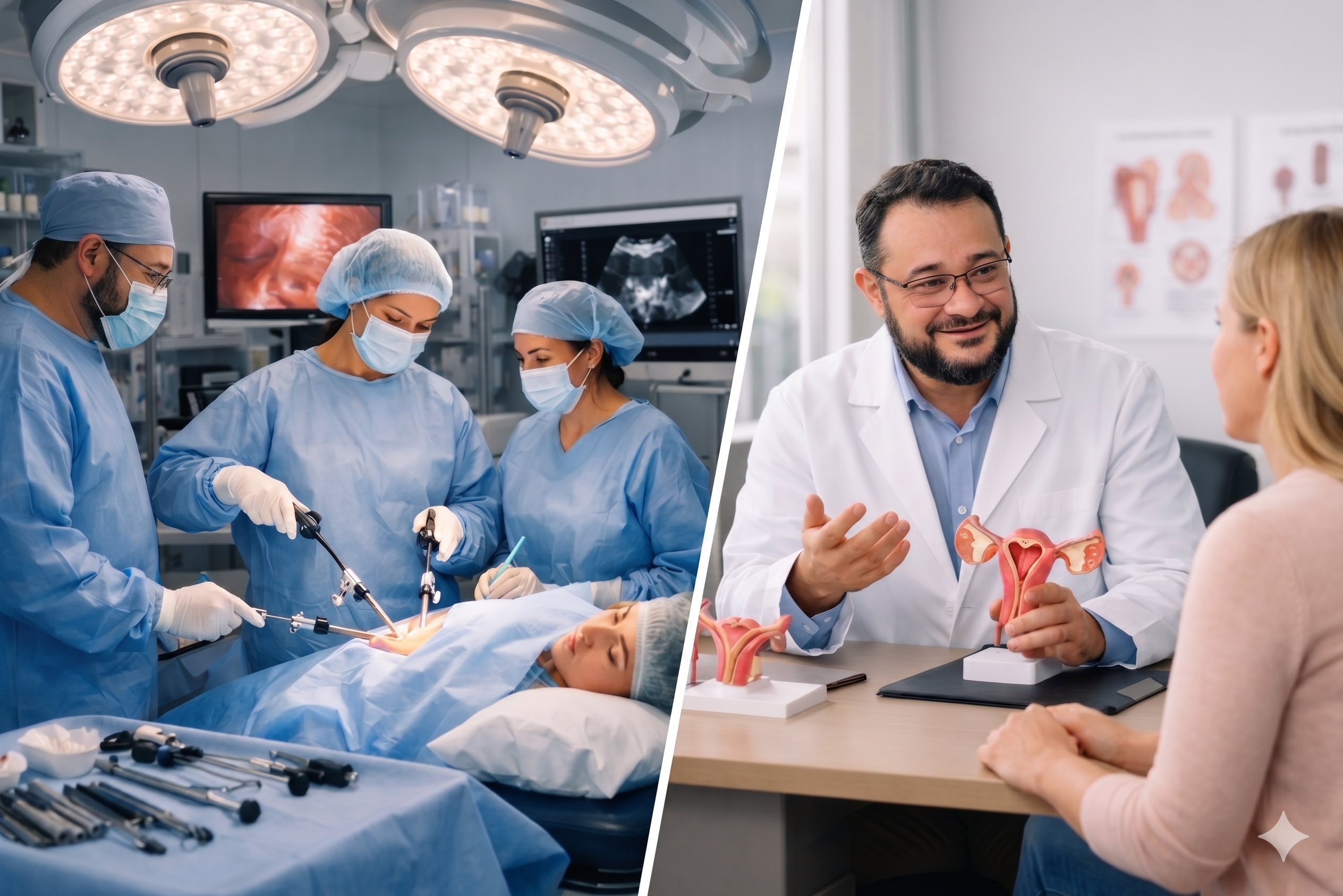 Guia da histerectomia laparoscópica - Esta imagem composta é dividida diagonalmente. A metade superior esquerda mostra uma equipe cirúrgica de três pessoas em trajes médicos azuis completos (máscaras, toucas e jalecos), realizando uma cirurgia laparoscópica em um paciente deitado. Um cirurgião (Dr. Adalberto Reis Duarte) está à esquerda e duas cirurgiãs estão à direita. No fundo, há equipamentos médicos, incluindo dois monitores de tela grande e luzes cirúrgicas. No primeiro plano, há um carrinho com vários instrumentos cirúrgicos metálicos. A metade inferior direita da imagem composta mostra um médico com barba e óculos (visto de frente) sentado à uma mesa, usando um jaleco branco (Dr. Adalberto Reis Duarte). Ele está gesticulando com as mãos e olhando para uma paciente (vista de costas) sentada em frente a ele. Sobre a mesa, há dois modelos anatômicos do útero e ovários e um tablet. O médico parece estar explicando algo para a paciente. No fundo, há gráficos de parede e a parede é branca.
