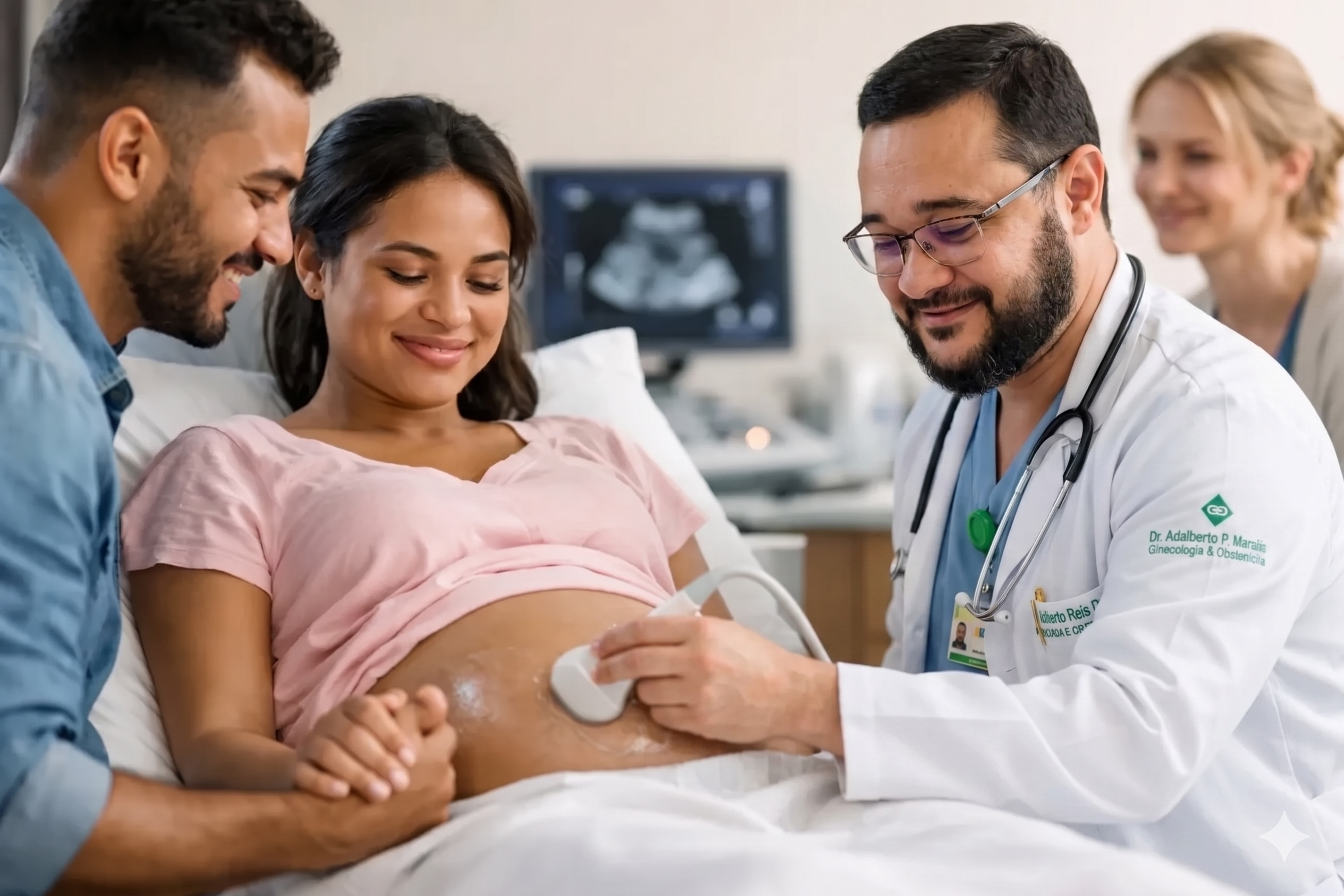 Uma fotografia de plano médio em um consultório médico focado em um exame de ultrassom. À direita, o Dr. Adalberto, um médico de pele clara, barba curta e escura, e óculos de armação fina, sorri gentilmente enquanto desliza um transdutor de ultrassom sobre a barriga de uma paciente grávida. Ele veste um jaleco branco com identificação bordada e um estetoscópio pendurado no pescoço. No centro, uma mulher grávida de pele morena e cabelos escuros está deitada em uma maca, sorrindo e olhando para baixo. À esquerda, um homem jovem de barba e camisa jeans segura a mão da paciente, observando a cena com uma expressão de felicidade. Ao fundo, uma tela de monitor exibe a imagem em preto e branco do ultrassom, e uma segunda profissional de saúde é vista desfocada, sorrindo. A iluminação é suave e profissional, transmitindo uma sensação de segurança e humanização no atendimento.