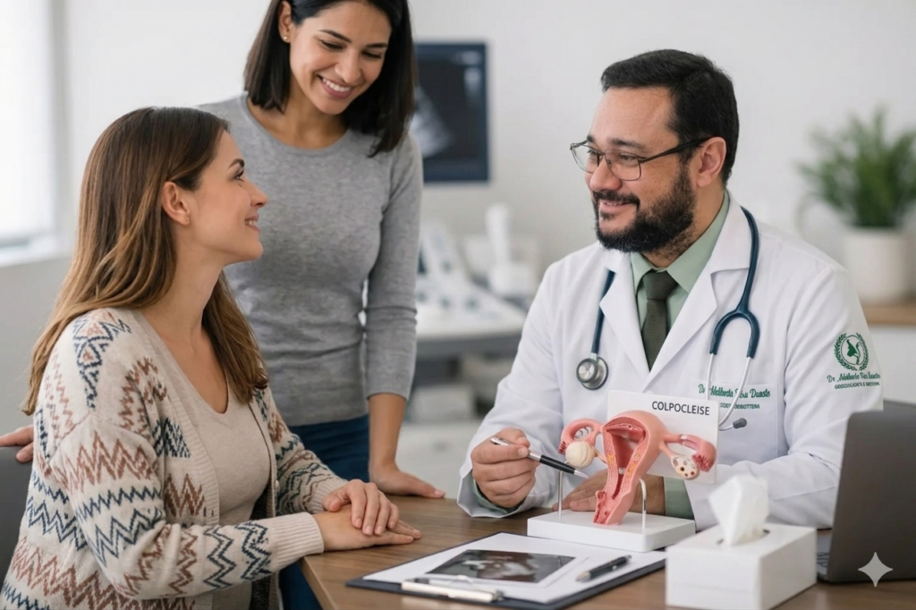Um médico (Dr. Adalberto Reis Duarte), homem de barba e óculos, com jaleco branco bordado e estetoscópio, está sentado à direita em sua mesa de consultório. Ele sorri e aponta com uma caneta para um modelo anatômico de plástico do útero e ovários que está sobre a mesa. O modelo tem uma placa branca com a palavra "COLPOCLEISE". À esquerda, duas mulheres mais velhas olham para o modelo. A mulher sentada na frente usa um cardigã estampado e a que está em pé atrás usa um top cinza. Na mesa, há também um laptop, uma caixa de lenços e outros itens desfocados. Ao fundo, um monitor exibe uma imagem de ultrassom e equipamentos médicos. A luz é suave e natural.