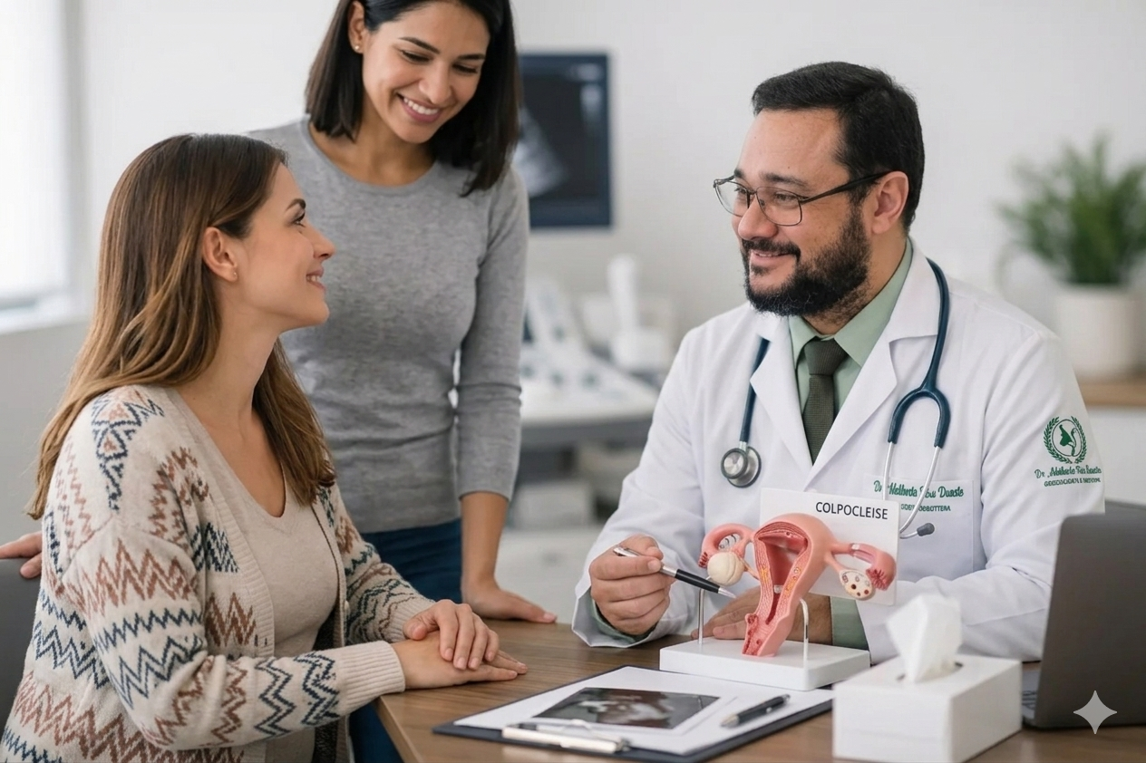 Um médico (Dr. Adalberto Reis Duarte), homem de barba e óculos, com jaleco branco bordado e estetoscópio, está sentado à direita em sua mesa de consultório. Ele sorri e aponta com uma caneta para um modelo anatômico de plástico do útero e ovários que está sobre a mesa. O modelo tem uma placa branca com a palavra "COLPOCLEISE". À esquerda, duas mulheres mais velhas olham para o modelo. A mulher sentada na frente usa um cardigã estampado e a que está em pé atrás usa um top cinza. Na mesa, há também um laptop, uma caixa de lenços e outros itens desfocados. Ao fundo, um monitor exibe uma imagem de ultrassom e equipamentos médicos. A luz é suave e natural.