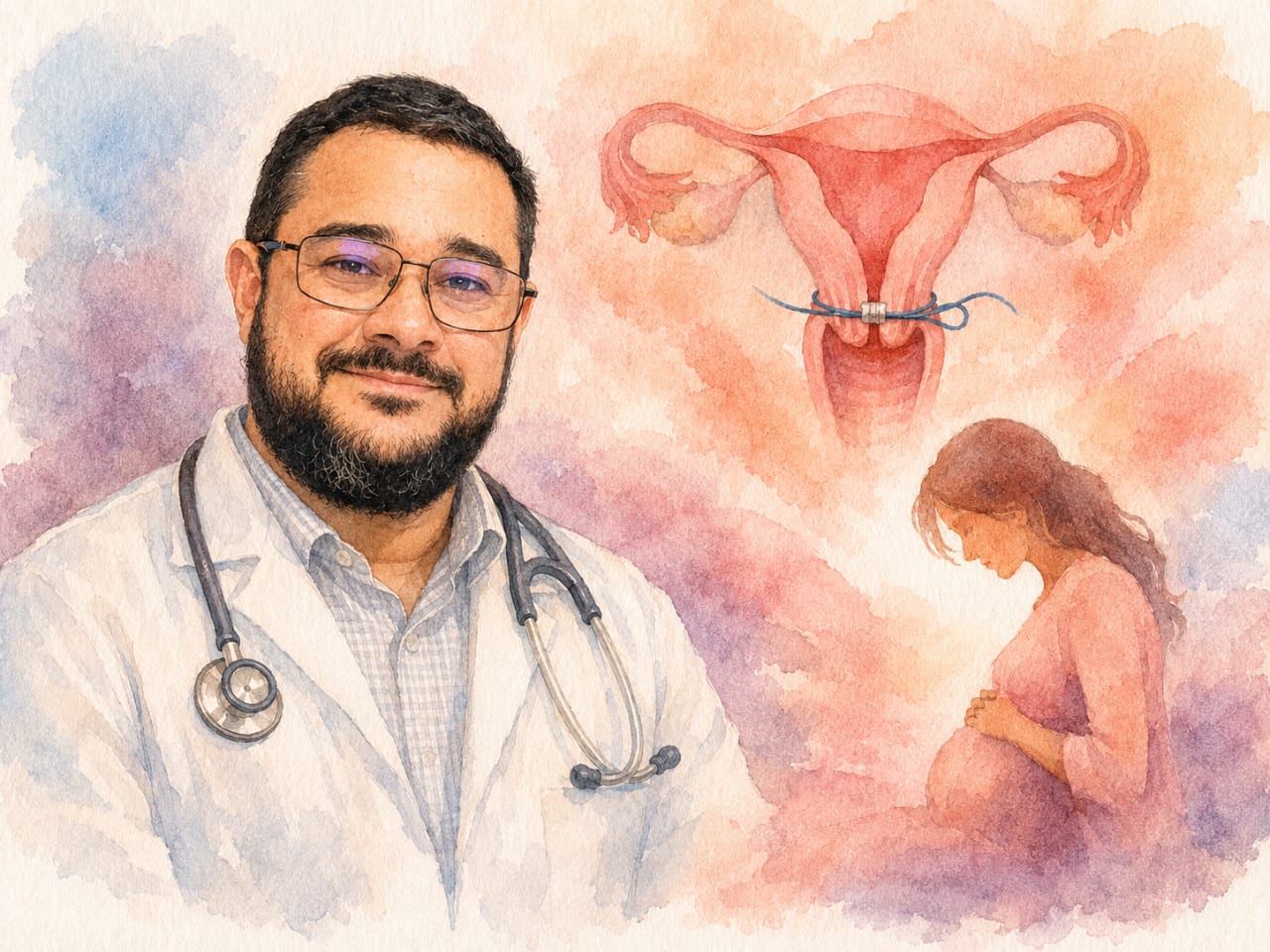 Ilustração em aquarela de um médico obstetra usando jaleco branco e estetoscópio, inspirado no médico de referência do usuário, em destaque à esquerda. Ao fundo, em tons suaves de rosa e pêssego, há um desenho anatômico do útero com cerclagem uterina e, à direita, a silhueta de uma gestante sentada com as mãos sobre a barriga. A composição transmite cuidado materno e contexto de saúde obstétrica.
