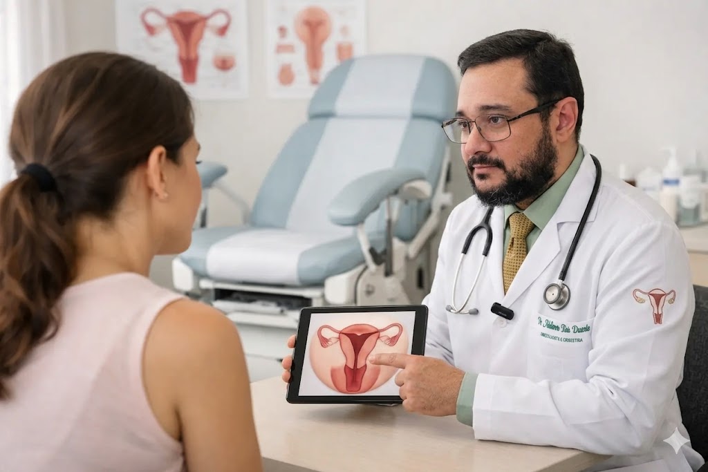 Um médico (Dr. Adalberto Duarte), explicando ninfoplastia, homem de barba e óculos, vestindo um jaleco branco com um bordado do útero na manga e um broche de útero na lapela, está sentado à direita de uma mesa de consultório. Ele usa um estetoscópio ao pescoço. O médico está segurando um tablet que exibe um diagrama colorido do útero e ovários e está apontando para o colo do útero no diagrama com o dedo indicador. À esquerda, uma paciente (mulher com cabelo castanho em um rabo de cavalo e uma blusa rosa) está sentada de costas para a câmera, olhando para o tablet. Ao fundo, desfocada, vê-se uma cadeira de exame ginecológico e cartazes médicos nas paredes. A iluminação é suave e profissional.