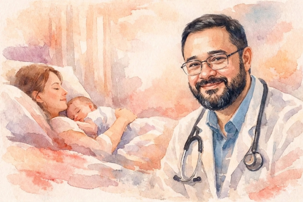 Uma ilustração em aquarela, composta em um estilo artístico e sereno. O lado direito da imagem apresenta um retrato do Dr. Adalberto Reis Duarte, um médico ginecologista e obstetra de barba escura e óculos, vestindo um jaleco branco com um estetoscópio duplo ao pescoço. Ele está olhando calmamente para a esquerda da composição, com um leve sorriso. O lado esquerdo da imagem apresenta uma cena terna de uma mãe descansando em uma cama de hospital, segurando gentilmente seu bebê recém-nascido adormecido em seus braços, ambos em um sono tranquilo. O fundo é uma fusão suave de lavagens de aquarela em tons de rosa, pêssego e malva, com toques de azul e amarelo claro, em uma textura de papel de arte, criando um ambiente quente e reconfortante. O estilo é solto e expressivo, com bordas de lavagem visíveis.