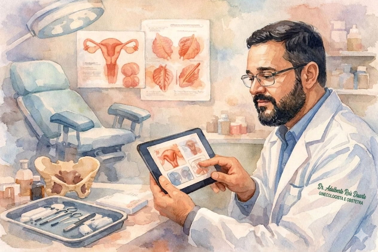 Uma ilustração em aquarela detalhada de um consultório ginecológico e obstétrico. No lado direito, o Dr. Adalberto Reis Duarte, um médico ginecologista e obstetra de óculos e barba, com seu jaleco branco que tem o nome "Dr. Adalberto Reis Duarte, GINECOLOGISTA E OBSTETRA" bordado em verde, está sentado e olhando atentamente para um tablet. Ele segura o tablet com a mão esquerda e usa o dedo da mão direita para apontar para imagens de ultrassom exibidas na tela, incluindo uma visão de um feto em desenvolvimento e outras estruturas pélvicas. No lado esquerdo do consultório, há uma cadeira de exame ginecológico azul reclinada sob uma luminária de procedimento. Nas prateleiras ao fundo, há frascos de laboratório e modelos médicos, incluindo um útero e tubas uterinas modelo anatômico maior. Na parede, há pôsteres anatômicos do sistema reprodutor feminino e rins. Na mesa de primeiro plano, há uma bandeja de aço inoxidável com instrumentos médicos de metal e uma pilha de livros ou papéis. No canto inferior esquerdo, vê-se parte de um modelo ósseo da pelve. Toda a cena tem uma textura de papel de aquarela e pinceladas suaves, com cores quentes e lavadas.