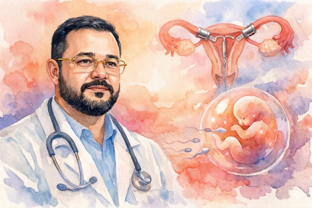 Ilustração em estilo aquarela representando o Dr. Adalberto Reis Duarte, ginecologista e obstetra, em primeiro plano à esquerda. Ele veste um jaleco branco com estetoscópio e sorri levemente. Ao fundo, elementos flutuantes sobre nuvens coloridas: um útero com um dispositivo intrauterino (DIU) visível e uma cena de fertilização com um óvulo, espermatozoides e um pequeno feto.
