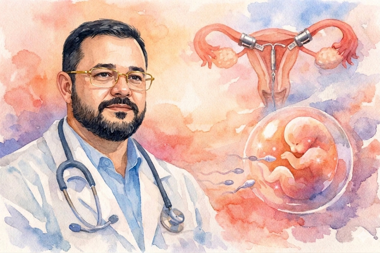 Ilustração em estilo aquarela representando o Dr. Adalberto Reis Duarte, ginecologista e obstetra, em primeiro plano à esquerda. Ele veste um jaleco branco com estetoscópio e sorri levemente. Ao fundo, elementos flutuantes sobre nuvens coloridas: um útero com um dispositivo intrauterino (DIU) visível e uma cena de fertilização com um óvulo, espermatozoides e um pequeno feto.