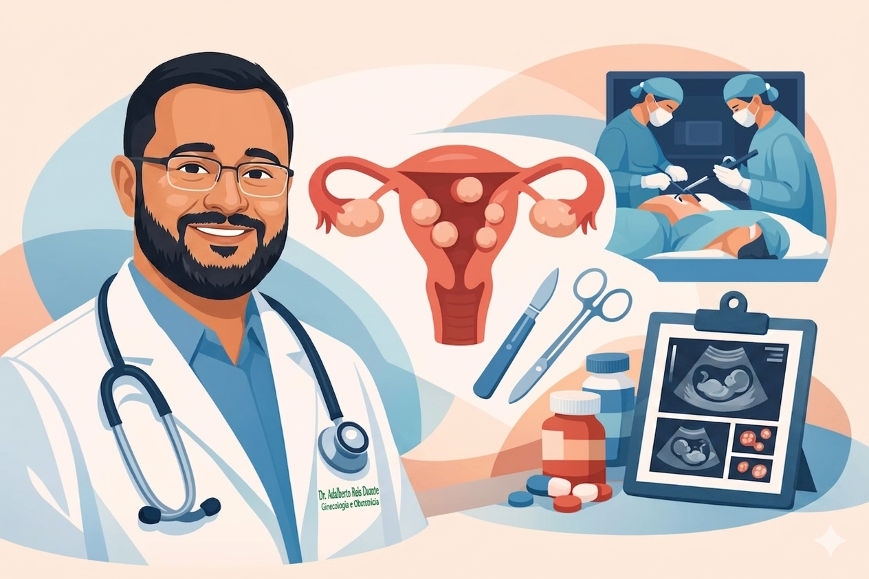 Ilustração colorida com o Dr. Adalberto Reis Duarte, ginecologista e obstetra, sorrindo e em destaque à esquerda. Ele usa jaleco branco, estetoscópio e óculos. Ao fundo, elementos gráficos mostram: o sistema reprodutor feminino com miomas uterinos, dois cirurgiões em uma sala de cirurgia, instrumentos cirúrgicos (bisturi, pinça), uma prancheta com exames de ultrassom e comprimidos médicos. A imagem ilustra os tratamentos e diagnósticos da infertilidade e miomas uterinos.
