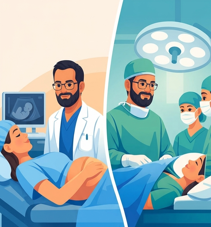 Uma ilustração dividida em duas cenas contrastantes relacionadas à maternidade. À esquerda, em um ambiente de consultório médico de tons claros, o Dr. Adalberto Reis Duarte, um obstetra de barba e óculos, em seu jaleco branco, sorri suavemente enquanto conversa com uma mulher grávida sentada. Ela acaricia sua barriga visível com ternura e olha para ele. Ao fundo, um monitor de ultrassom exibe a imagem em preto e branco de um feto em desenvolvimento no útero. À direita, a cena se transforma no ambiente estéril e focado de uma sala de cirurgia, de tons azul-esverdeados. O Dr. Adalberto, agora com sua máscara cirúrgica e touca, mas com os mesmos óculos e olhar atento, está posicionado no centro, segurando ferramentas cirúrgicas sobre a área abdominal coberta de uma paciente deitada. Ele é auxiliado por duas profissionais de saúde mascaradas e de toca. Uma grande lâmpada de procedimento cirúrgico brilha acima deles. A paciente sob cirurgia parece estar em repouso. A ilustração sugere o processo de pré-natal e parto ou intervenção cirúrgica relacionada à gestação, com o mesmo médico envolvido em ambas as etapas. A imagem tem uma textura e traço ilustrativo, limpo e profissional.