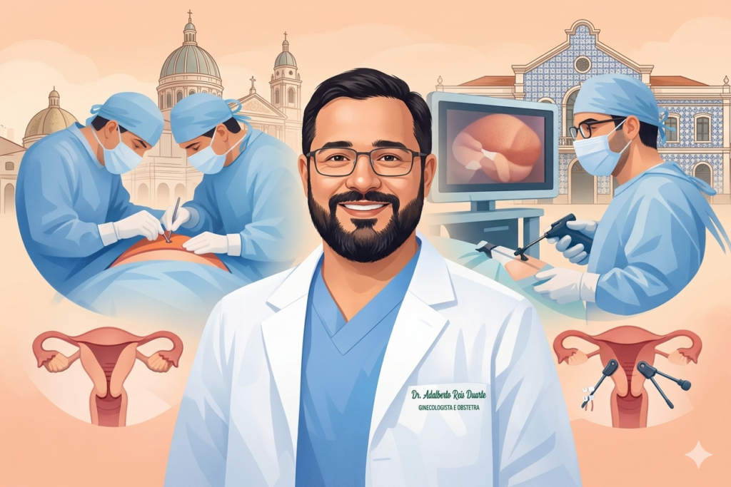 Cirurgia aberta ou laparoscópica ginecológica? Uma ilustração médica em painéis, em tons suaves e profissionais de azul e pêssego, com um fundo contendo pontos turísticos de Belém, como a Basílica de Nazaré e o Ver-o-Peso. No centro, em destaque, um retrato do Dr. Adalberto Reis Duarte, um ginecologista e obstetra de óculos e barba, sorrindo suavemente e vestindo um jaleco branco e camisa de colarinho azul-claro, com um estetoscópio pendurado. No bolso do jaleco, o nome "Dr. Adalberto Reis Duarte, GINECOLOGISTA E OBSTETRA" está bordado em verde. ​Acima e ao redor do Dr. Adalberto, há várias imagens conceituais de procedimentos médicos e diagnósticos flutuando, sugerindo diferentes fases do atendimento: ​No canto superior esquerdo, dois cirurgiões em paramentação operatória (máscaras, tocas, óculos) realizam uma cirurgia laparoscópica em um ambiente de sala de cirurgia. ​No canto superior direito, um cirurgião opera com um sistema robótico de braços longos e ferramentas delicadas sobre um monitor. ​Abaixo das cenas cirúrgicas, no canto inferior esquerdo, um modelo anatômico maior do útero feminino com tubas uterinas e ovários. ​Abaixo do modelo do útero, um monitor de ultrassom pélvico exibe uma imagem em preto e branco. ​A ilustração tem uma textura de papel de aquarela visível, com pinceladas suaves e sobreposições de cores, transmitindo uma sensação de cuidado, profissionalismo e tecnologia médica em um contexto regional. Cirurgia Ginecológica