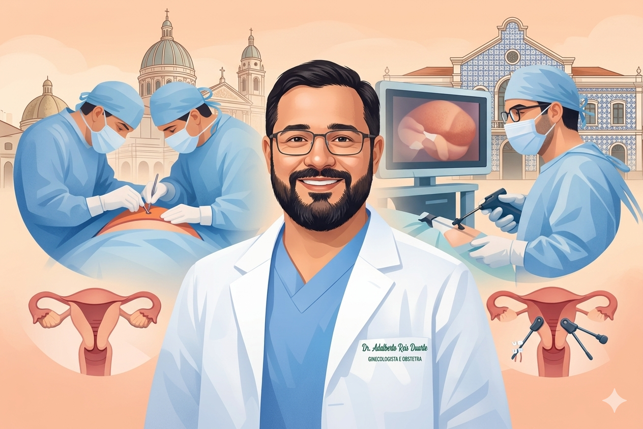 Cirurgia aberta ou laparoscópica ginecológica? Uma ilustração médica em painéis, em tons suaves e profissionais de azul e pêssego, com um fundo contendo pontos turísticos de Belém, como a Basílica de Nazaré e o Ver-o-Peso. No centro, em destaque, um retrato do Dr. Adalberto Reis Duarte, um ginecologista e obstetra de óculos e barba, sorrindo suavemente e vestindo um jaleco branco e camisa de colarinho azul-claro, com um estetoscópio pendurado. No bolso do jaleco, o nome "Dr. Adalberto Reis Duarte, GINECOLOGISTA E OBSTETRA" está bordado em verde. ​Acima e ao redor do Dr. Adalberto, há várias imagens conceituais de procedimentos médicos e diagnósticos flutuando, sugerindo diferentes fases do atendimento: ​No canto superior esquerdo, dois cirurgiões em paramentação operatória (máscaras, tocas, óculos) realizam uma cirurgia laparoscópica em um ambiente de sala de cirurgia. ​No canto superior direito, um cirurgião opera com um sistema robótico de braços longos e ferramentas delicadas sobre um monitor. ​Abaixo das cenas cirúrgicas, no canto inferior esquerdo, um modelo anatômico maior do útero feminino com tubas uterinas e ovários. ​Abaixo do modelo do útero, um monitor de ultrassom pélvico exibe uma imagem em preto e branco. ​A ilustração tem uma textura de papel de aquarela visível, com pinceladas suaves e sobreposições de cores, transmitindo uma sensação de cuidado, profissionalismo e tecnologia médica em um contexto regional. Cirurgia Ginecológica
