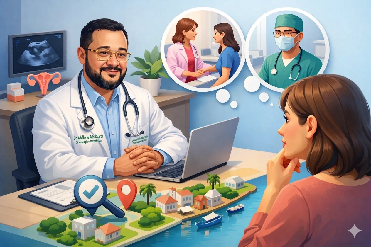 Ginecologista Belém: Ilustração detalhada de uma consulta médica virtual entre o Dr. Adalberto Reis Duarte, ginecologista e obstetra, e uma paciente paciente. À esquerda, o retrato do Dr. Adalberto, um médico de óculos e barba com seu jaleco branco que tem o nome "Dr. Adalberto Reis Duarte, GINECOLOGISTA E OBSTETRA" bordado em verde, está sentado em seu consultório, sorrindo e olhando para o monitor do laptop em sua mesa. À direita, a paciente paciente com cabelos castanhos curtos está sentada e olha atentamente para a tela. Acima dela, balões de pensamento mostram uma médica de jaleco rosa conversando com uma paciente e um cirurgião mascarado de verde, sugerindo diferentes fases do atendimento. A mesa de primeiro plano apresenta um modelo de mapa isométrico detalhado de uma vila com telhados de terracota, palmeiras e um rio com barcos, com marcadores de mapa vermelhos e azuis e uma lupa, sugerindo a localização e busca por serviços médicos. Toda a cena tem uma textura de aquarela suave e pinceladas visíveis, transmitindo uma sensação de cuidado, profissionalismo e atendimento médico abrangente.