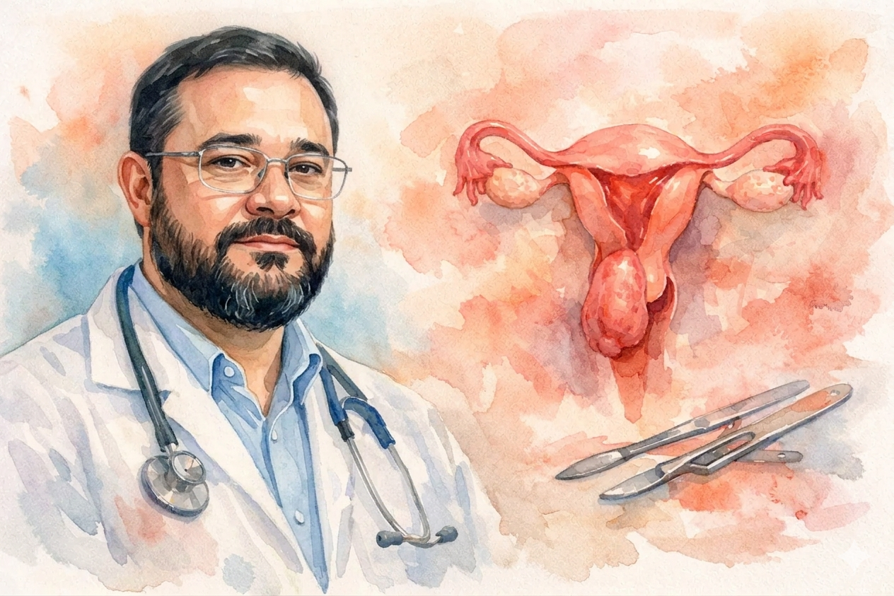 Uma ilustração em aquarela, composta em um estilo artístico e educacional. O lado esquerdo da imagem apresenta um retrato do Dr. Adalberto Reis Duarte, um médico ginecologista e obstetra de barba escura e óculos, vestindo um jaleco branco com um estetoscópio duplo ao pescoço. Ele está olhando calmamente para a direita da composição. O lado direito da imagem apresenta uma ilustração médica detalhada de um útero humano em corte transversal, fallopian tubes, e ovários. O útero está visivelmente prolapsado, com uma porção bulbosa e nodular da vagina descendo para baixo, representando a prolapso uterino. Abaixo da ilustração do útero, dois cabos de bisturi cirúrgicos estão dispostos em diagonal, overlapping uns aos outros. O fundo é uma fusão suave de lavagens de aquarela em tons de rosa, laranja e azul claro sobre um papel texturizado. O estilo é solto e expressivo, com bordas de lavagem visíveis.