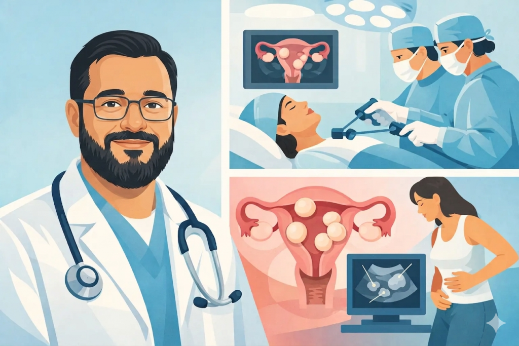 Uma ilustração conceitual em painéis, com um fundo de manchas suaves de cores quentes e frias, como rosa, azul e amarelo. No lado esquerdo, um retrato do Dr. Adalberto Reis Duarte, um médico ginecologista e obstetra de pele clara, com óculos de armação escura, barba e bigode pretos e curtos, e um sorriso gentil, olhando para a direita. Ele veste um jaleco branco e uma camisa de colarinho azul-claro, com um estetoscópio pendurado no pescoço. No canto inferior esquerdo, parte do jaleco tem o nome "Dr. Adalberto Reis Duarte, GINECOLOGISTA E OBSTETRA" bordado em verde. À direita do médico, a imagem é dividida em dois painéis. O painel superior mostra uma representação abstrata e explosiva da dor em aquarela, uma forma de estrela vermelha e laranja com ondas que se propagam, localizada acima de uma ilustração de uma mulher de perfil, inclinada para frente com uma expressão de dor e desconforto, segurando a barriga com as mãos. Abaixo dela, várias gotas grandes de sangue vermelho e avermelhado flutuam em aquarela. O painel inferior à direita apresenta várias imagens médicas flutuantes em aquarela: * Um modelo anatômico maior do útero feminino com tubas uterinas e ovários, exibindo várias formações nodulares circulares avermelhadas e marrons (miomas ou endometriose) em sua superfície e interior. * Uma imagem de ultrassom pélvico preto e branco em aquarela, flutuando abaixo do modelo de útero, mostrando uma estrutura semelhante a um saco gestacional ou massa com pontos e áreas escuras. * Acima e à direita do ultrassom, uma representação menor de um útero, sugerindo uma imagem de diagnóstico ou comparação. A ilustração tem uma textura de papel de aquarela visível, com pinceladas suaves e sobreposições de cores.