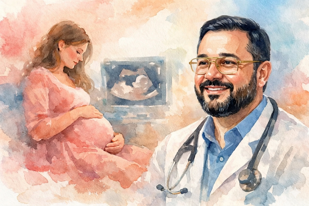 Uma ilustração em aquarela sobre cuidados obstétricos. À direita, um retrato sorridente e realista do Dr. Adalberto Reis Duarte, ginecologista e obstetra, com barba, óculos de grau dourados e jaleco branco com estetoscópio. Ele olha para a esquerda, para uma cena em segundo plano: uma gestante com vestido rosa, sentada e segurando a barriga, e um monitor de ultrassom mostrando um feto. O fundo é uma fusão suave de cores aquarela em tons de rosa, laranja e azul.