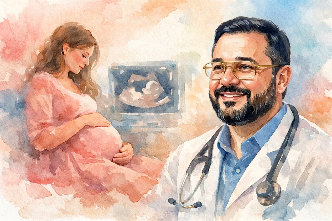 Uma ilustração em aquarela sobre cuidados obstétricos. À direita, um retrato sorridente e realista do Dr. Adalberto Reis Duarte, ginecologista e obstetra, com barba, óculos de grau dourados e jaleco branco com estetoscópio. Ele olha para a esquerda, para uma cena em segundo plano: uma gestante com vestido rosa, sentada e segurando a barriga, e um monitor de ultrassom mostrando um feto. O fundo é uma fusão suave de cores aquarela em tons de rosa, laranja e azul.