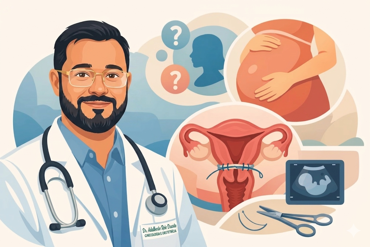 Aqui está a descrição da última imagem para uso como texto alternativo (alt text) no WordPress: **Texto Alternativo:** Ilustração profissional em estilo gráfico apresentando o Dr. Adalberto Reis Duarte, ginecologista e obstetra, em destaque à esquerda, sorridente, usando jaleco branco, estetoscópio e óculos de grau dourados. À direita, elementos visuais organizados em balões explicativos abordam temas de saúde feminina: dúvidas sobre gestação, uma barriga de grávida, uma representação anatômica do útero com uma sutura (indicando laqueadura ou cirurgia), um monitor de ultrassom com imagem de um feto e instrumentos cirúrgicos como tesoura e fios de sutura.