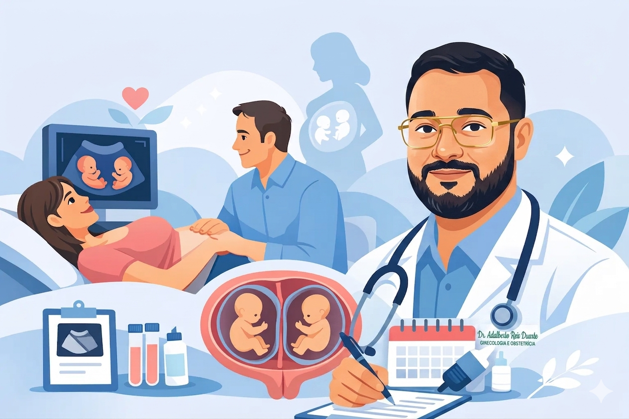 Ilustração de estilo corporativo e de saúde sobre gravidez gemelar, com o Dr. Adalberto Reis Duarte, ginecologista e obstetra, em destaque à direita, sorrindo e segurando uma prancheta com caneta. Ele usa jaleco branco, estetoscópio e óculos. O fundo, em tons de azul e pêssego, é dividido em cenas: no centro, uma mulher grávida de gêmeos está deitada na cama, de perfil, com seu parceiro ao lado e olhando para um monitor de ultrassom que mostra dois bebês. Abaixo dela, uma ilustração detalhada de um útero com dois bebês gêmeos. No canto inferior esquerdo, uma prancheta com um exame de ultrassom e tubos de ensaio. À direita do Dr. Adalberto, um calendário e frascos de medicamentos. No topo, uma silhueta de uma mulher grávida e um coração com plantas.