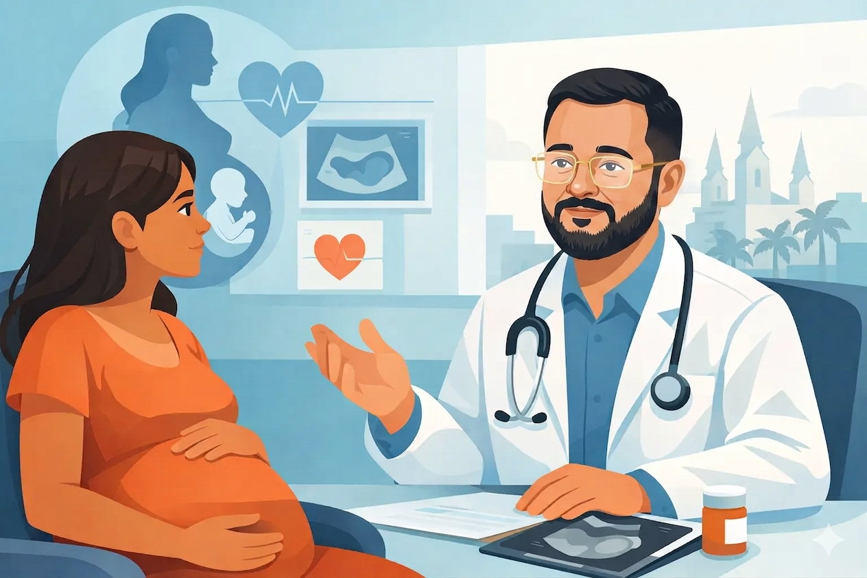 Uma ilustração em estilo corporativo que descreve uma consulta pré-natal. À direita, um retrato sorridente e realista do Dr. Adalberto Reis Duarte, ginecologista e obstetra, com barba, óculos de grau dourados e jaleco branco com estetoscópio. Ele olha para a esquerda, para uma cena em segundo plano: uma gestante com vestido laranja, sentada e segurando a barriga, e um monitor de ultrassom mostrando um feto. O fundo é uma fusão suave de cores aquarela em tons de rosa, laranja e azul.