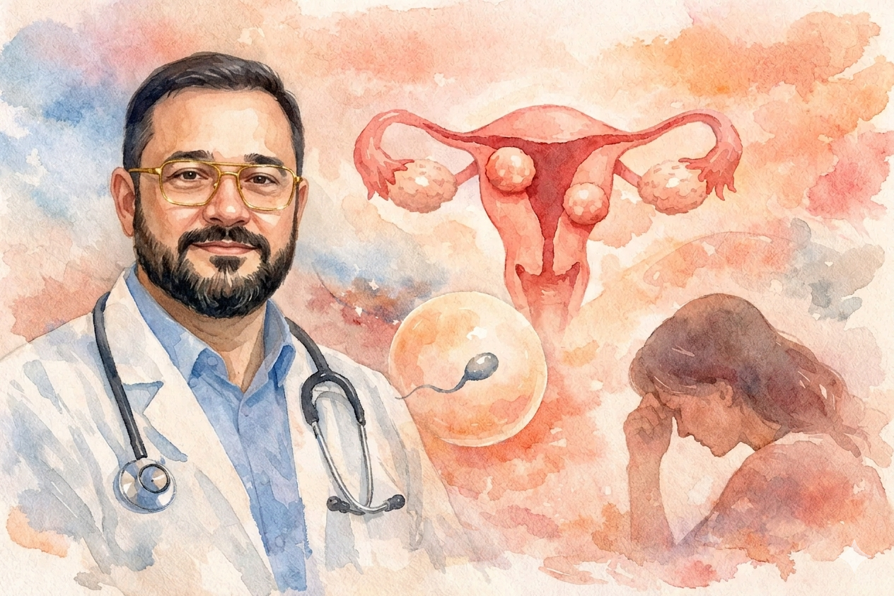 Ilustração em aquarela com o Dr. Adalberto Reis Duarte, ginecologista e obstetra, em destaque à esquerda com jaleco branco e estetoscópio. Ao fundo em tons suaves, elementos médicos representam a infertilidade feminina por mioma: um útero com miomas uterinos, um óvulo sendo fertilizado por um espermatozoide e uma mulher expressando preocupação com a mão na cabeça.