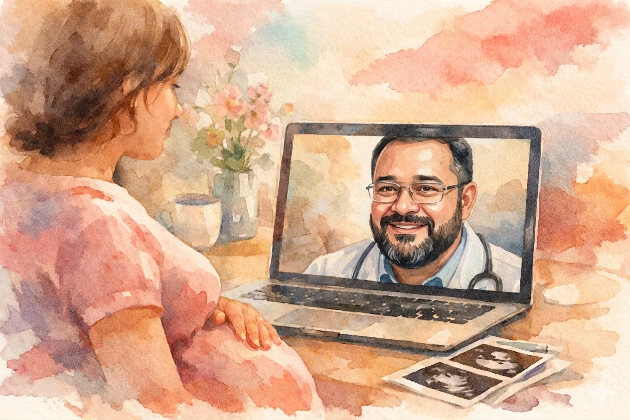 Uma teleconsulta online entre uma paciente grávida e seu médico. A mulher grávida, de perfil, olha para a tela de um laptop, onde o Dr. Adalberto Reis Duarte, ginecologista e obstetra (com barba, óculos e jaleco branco), sorri. Na mesa, em frente ao laptop, há fotos de ultrassom. O estilo é uma ilustração em aquarela.