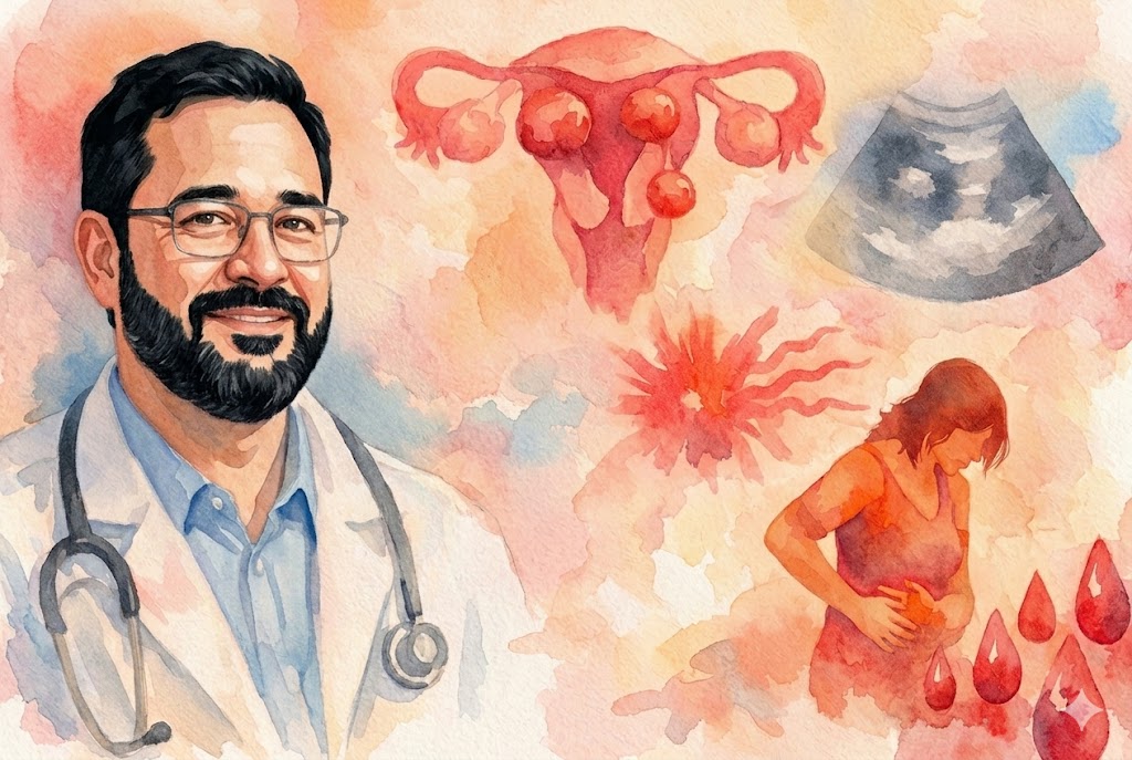 Uma ilustração em aquarela, vertical, com um fundo de manchas suaves de cores quentes e frias, como rosa, azul e amarelo. No lado esquerdo, um retrato do Dr. Adalberto Reis Duarte, um médico ginecologista e obstetra de pele clara, com óculos de armação escura, barba e bigode pretos e curtos, e um sorriso gentil, olhando para a direita. Ele veste um jaleco branco e uma camisa de colarinho azul-claro, com um estetoscópio pendurado no pescoço. No canto inferior esquerdo, parte do jaleco tem o nome "Dr. Adalberto Reis Duarte, GINECOLOGISTA E OBSTETRA" bordado em verde. Acima e à direita do médico, há várias imagens médicas flutuantes em aquarela: Um modelo anatômico maior do útero feminino com tubas uterinas e ovários, exibindo várias formações nodulares circulares avermelhadas e marrons (miomas ou endometriose) em sua superfície e interior. Uma imagem de ultrassom pélvico preto e branco em aquarela, flutuando abaixo do modelo de útero, mostrando uma estrutura semelhante a um saco gestacional ou massa com pontos e áreas escuras. Uma representação abstrata de uma dor intensa e explosiva em aquarela, uma forma de estrela vermelha e laranja com ondas que se propagam, localizada abaixo do ultrassom. No canto inferior direito, uma ilustração em aquarela de uma mulher jovem de perfil, com cabelos castanhos longos e uma blusa beige, sentada e inclinada para frente, com uma mão sobre a barriga e a outra sobre o joelho, com uma expressão de dor e desconforto. Abaixo dela, várias gotas grandes de sangue vermelho e avermelhado flutuam em aquarela. A ilustração tem uma textura de papel de aquarela visível, com pinceladas suaves e sobreposições de cores.